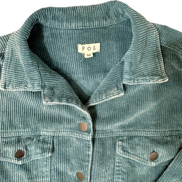 POL Blue Button Down Corduroy Trucker Jacket with Raw Hem Teal, Size Medium - Picture 5 of 12